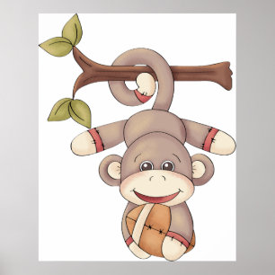 Affiche Singe Mignon Suspendu avec Ballon de Football