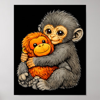 Affiche Singe Punch mignon bébé drôle animal câlin peluche