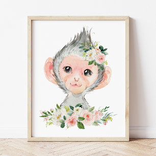 Affiche Singe, Safari, Jungle, Fleurs Roses, Chambre de Fi