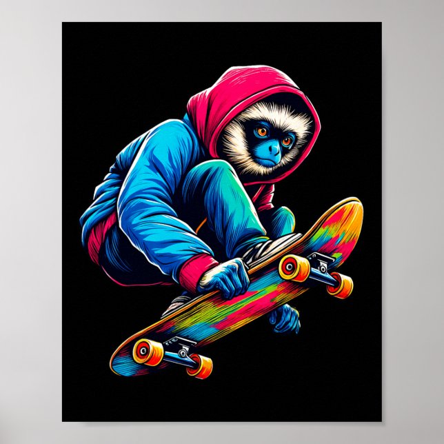 Affiche Singe Siamang funky cool en skateboard Illustratio (Devant)