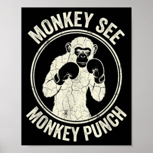 Affiche Singe voit singe frappe Boxe vintage gorille