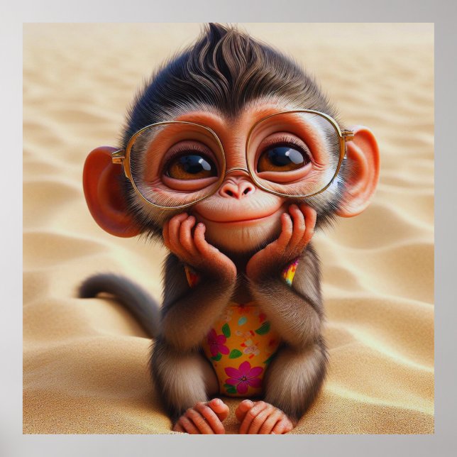 Affiche Singes Baisés Au Soleil - Vacances Plage Whimsical (Devant)