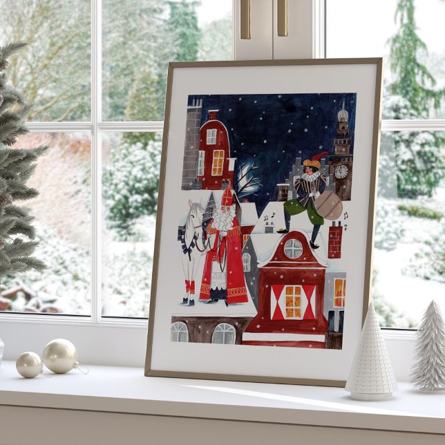 Affiche Sinterklaas et Piet sur les toits d'Amsterdam (Saint Nicholas on the roofs of Amsterdam Poster)