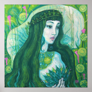 Affiche Sirène à cheveux vert sous l'Imaginaire sous-marin