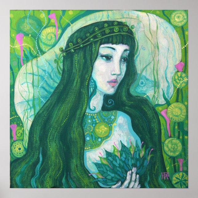 Affiche Sirène à cheveux vert sous l'Imaginaire sous-marin (Devant)