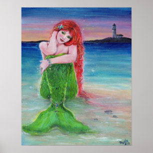Affiche Sirène à tête rouge sur la plage avec phare
