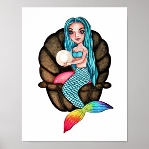 Affiche Sirène Arc-En-Ciel Avec Perle En Aquarelle