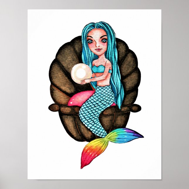 Affiche Sirène Arc-En-Ciel Avec Perle En Aquarelle (Devant)