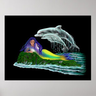 Affiche Sirène avec dauphins