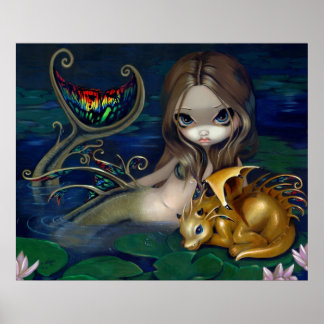 Affiche Sirène avec un Golden Dragon Art Imprimer imaginai
