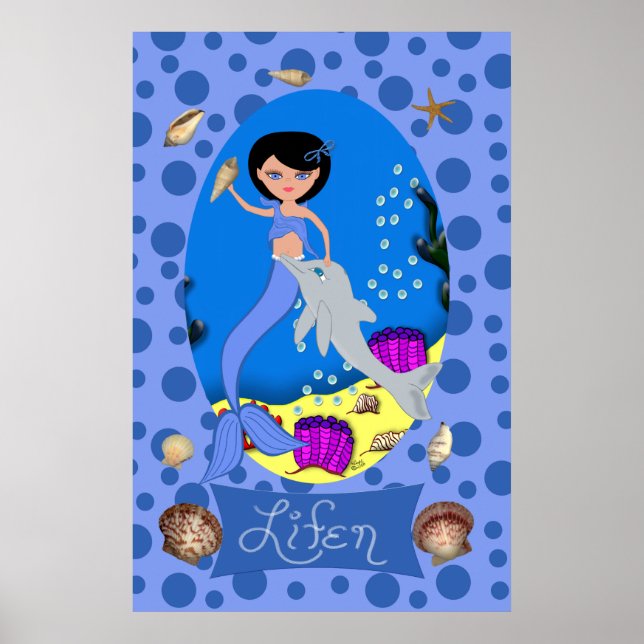 Affiche Sirène bleue et dauphin imprimé (Devant)