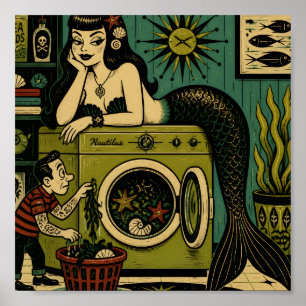 Affiche Sirène de mer amusante du milieu du siècle Jour de