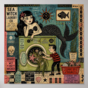 Affiche Sirène de mer amusante surréaliste du milieu du si