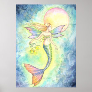 Affiche Sirène et lune bulles fantaisie artistique