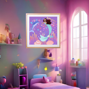 Affiche Sirène fantastique violet rose bleu dauphin océan