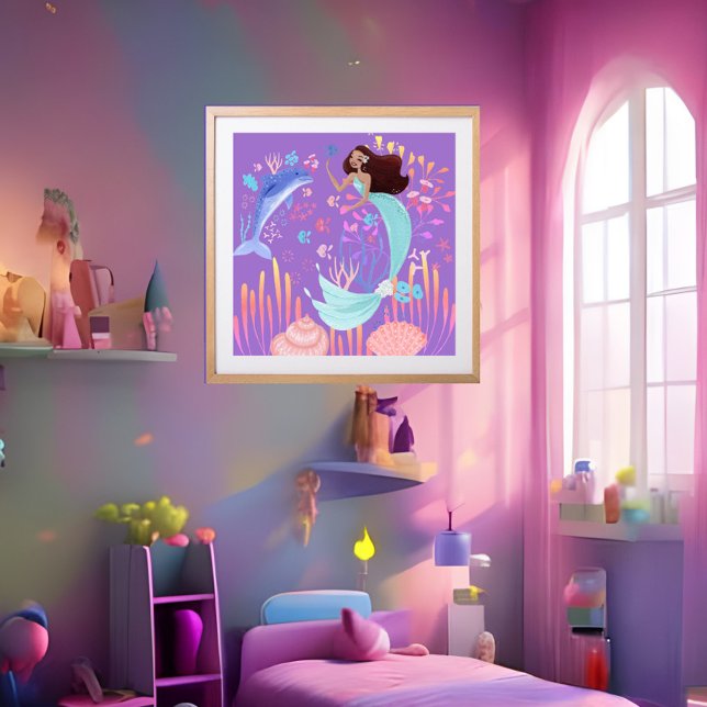Affiche Sirène fantastique violet rose bleu dauphin océan  (Créateur téléchargé)