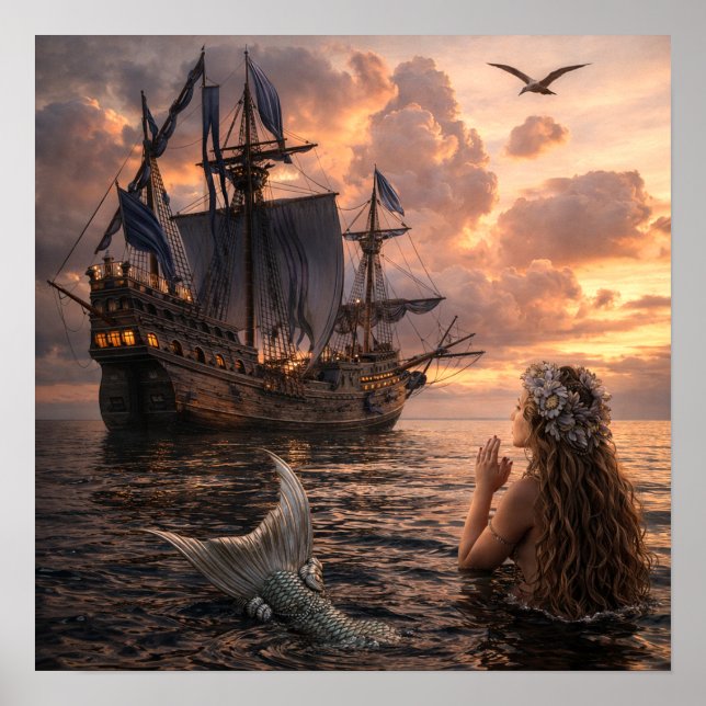 Affiche Sirène regardant un navire à voiles (Devant)