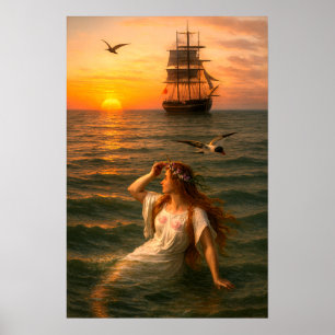 Affiche Sirène regardant un navire à voiles au coucher du