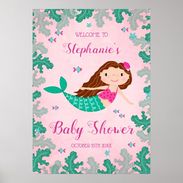 Affiche Sirène Rose Sous Le Baby shower De Mer (Devant)