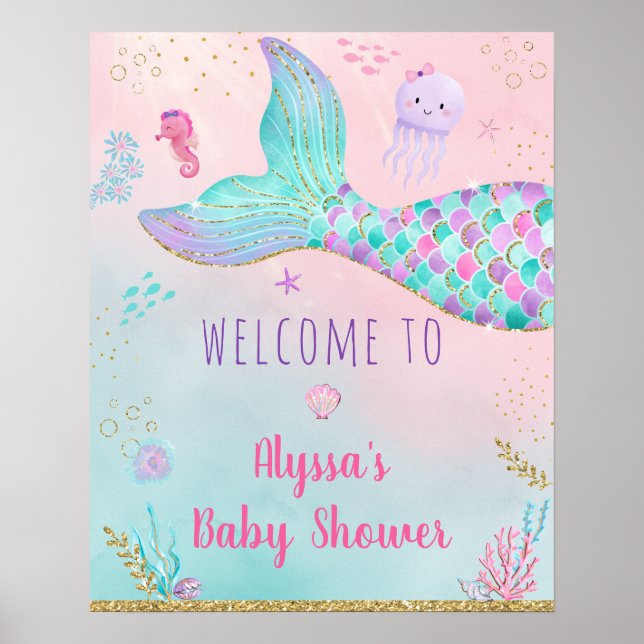 Affiche Sirène Rose Sous Le Baby shower De Mer Accueil (Devant)