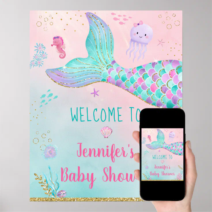 Affiche Sirène Sous Le Baby shower D'Or De La Mer Bienvenu Zazzle.fr