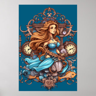 Affiche Sirène Steampunk pour filles ou garçons sur un mur