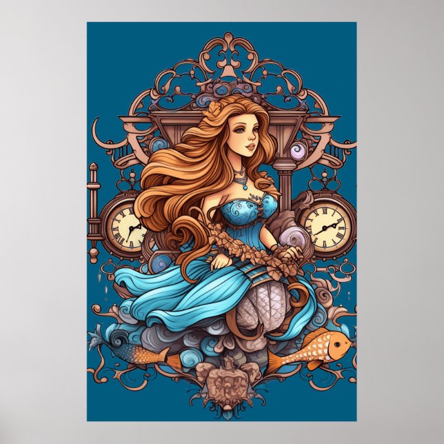 Affiche Sirène Steampunk pour filles ou garçons sur un mur (Devant)
