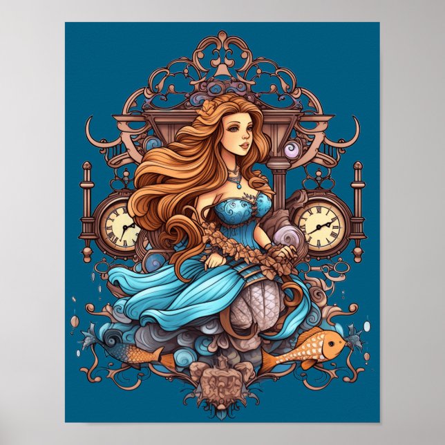 Affiche Sirène Steampunk pour filles ou garçons sur un mur (Devant)