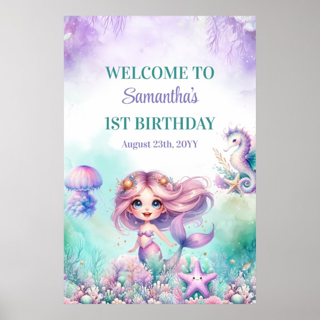 Affiche Sirène turquoise et violette 1er anniversaire bien (Devant)