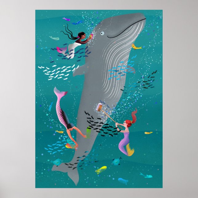 Affiche Sirènes assistant à une baleine et nettoyant l'oce (Devant)