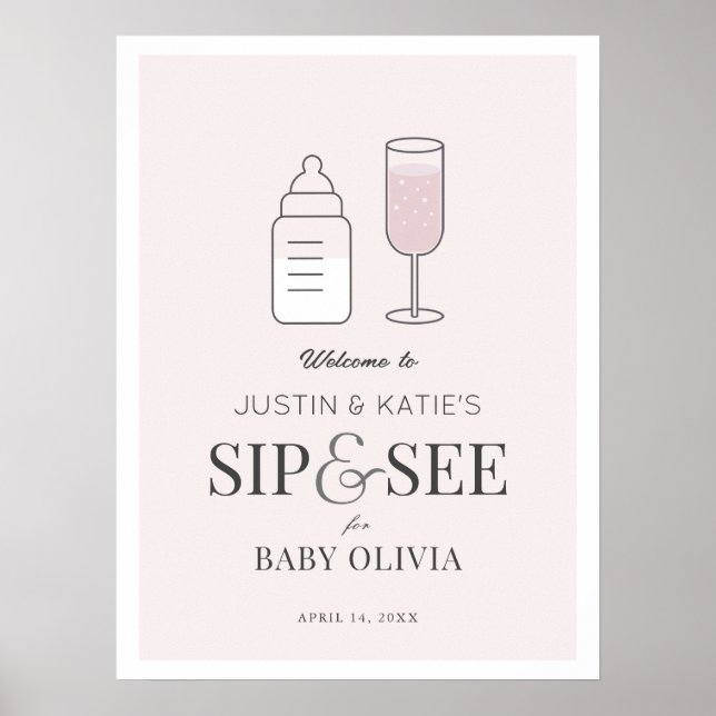 Affiche Siroter et voir Champagne Baby shower rose Bienven (Devant)