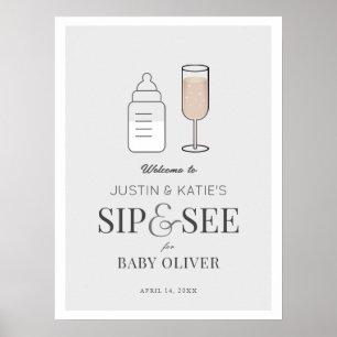 Affiche Siroter et voir Champagne Grey Baby shower Bienven