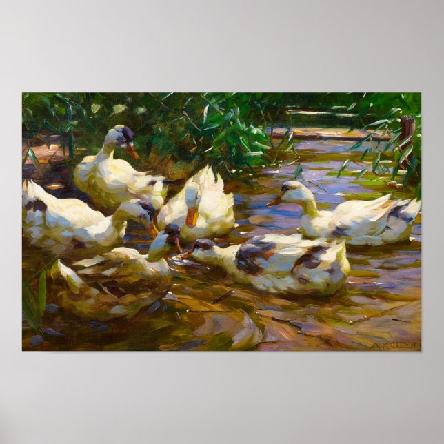 Affiche Six canards dans l'eau de roseau bleu par Alexande (Devant)