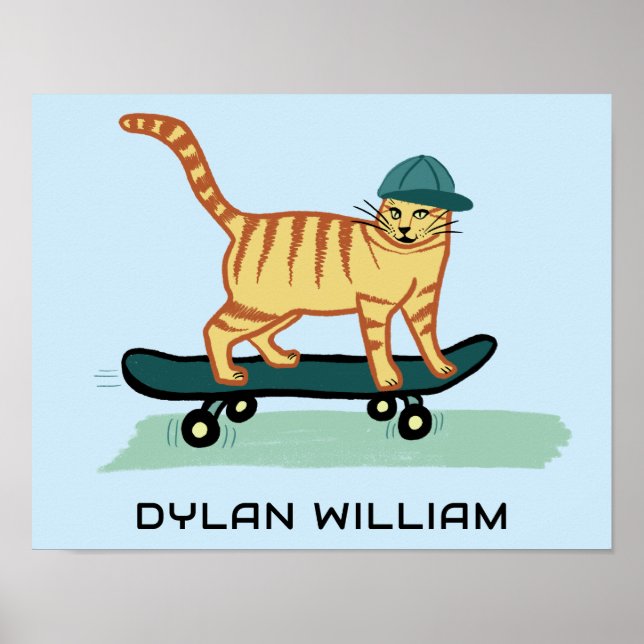 Affiche Skateboard Tabby Cat Cute NOM PERSONNALISÉ Nursery (Devant)