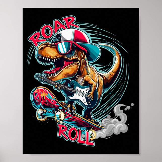 Affiche Skater Guitar T-rex Roar Roll Dinosaur For Boys Me (Devant)