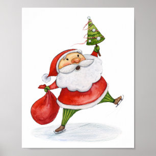 Affiche Skating Santa Cute Christmas watercolor drawing
