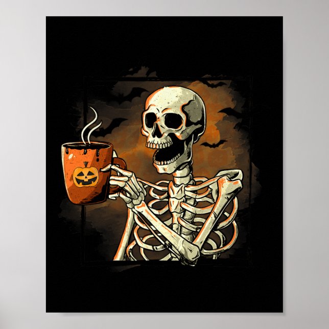 Affiche Skeleton Boire Café Drôle Crâne Halloween Cos (Devant)