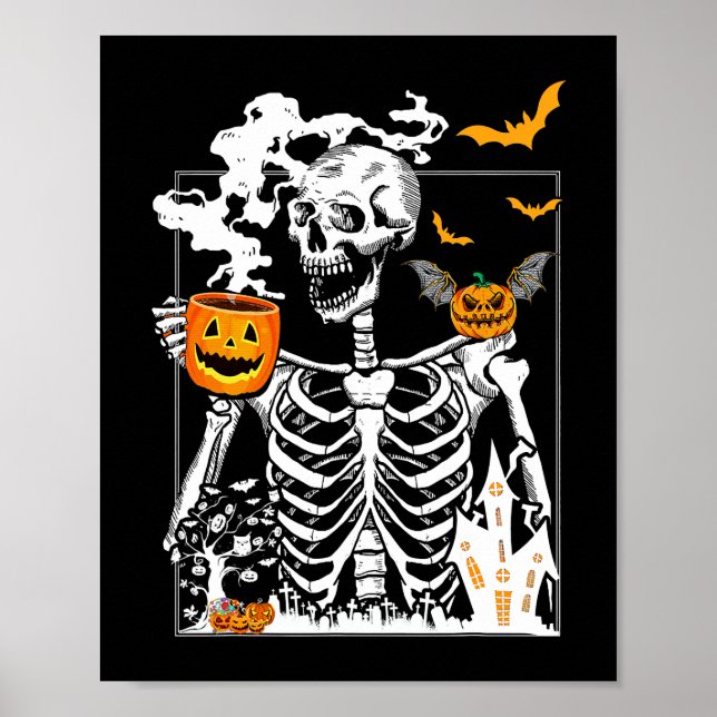 Affiche Skeleton Boire Café Lover Drôle Halloween Sku (Devant)