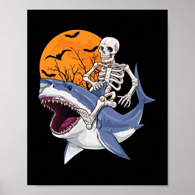 Affiche Skeleton équitation Requin Drôle Halloween Costume (Devant)