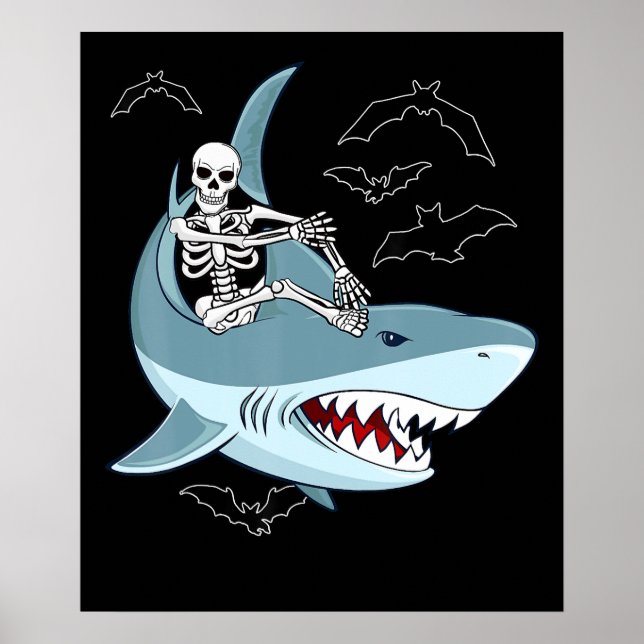 Affiche Skeleton équitation requin drôle Halloween garçons (Devant)
