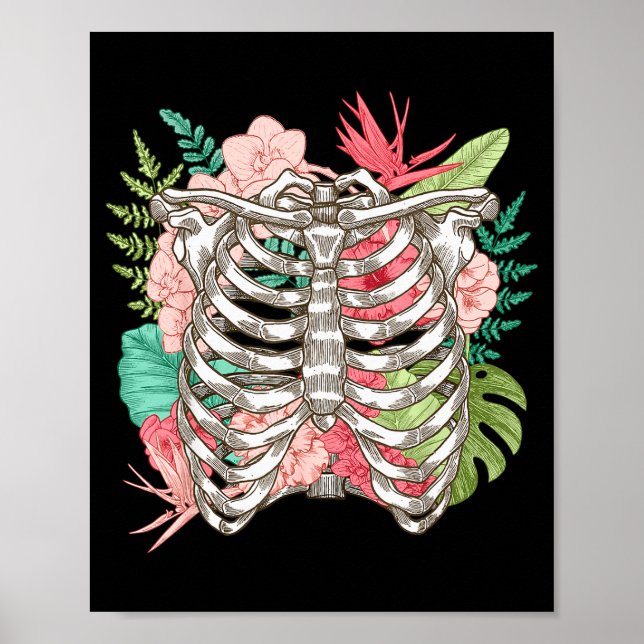 Affiche Skeleton Flowers Rib Cage X-ray Funny Halloween  (Devant)