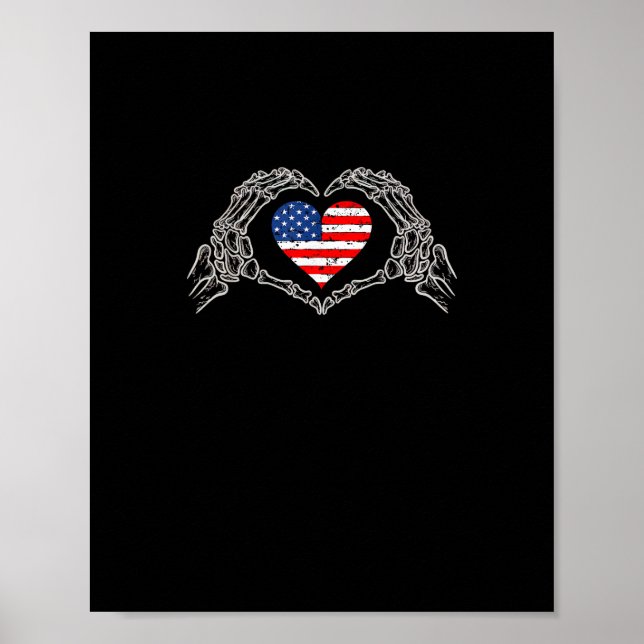 Affiche Skeleton Hand Heart 4e Du Drapeau Américain Patrio (Devant)