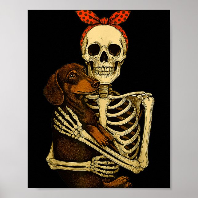 Affiche Skeleton Holding Dachshund Dog Funny Lazy Hallowee (Devant)