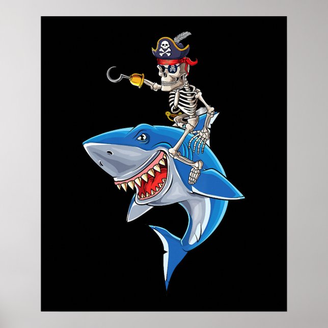 Affiche Skeleton Pirate équitation Requin mignonette Garço (Devant)
