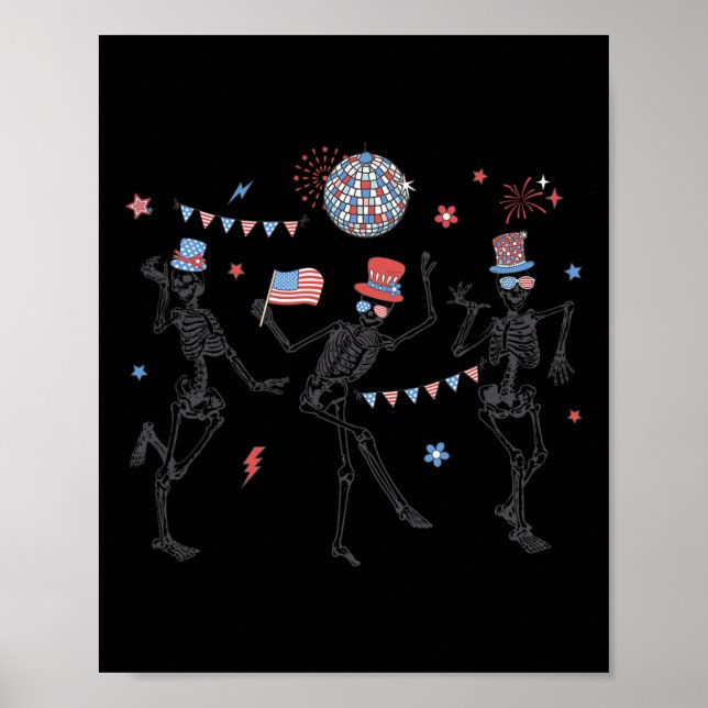 Affiche Skeleton Retro 4 juillet Drapeau américain Skellie (Devant)