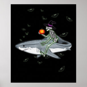 Affiche Skeleton Riding Shark - Amusant cadeau Halloween S