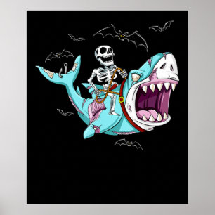 Affiche Skeleton Riding Zombie Shark Funny Halloween Gift