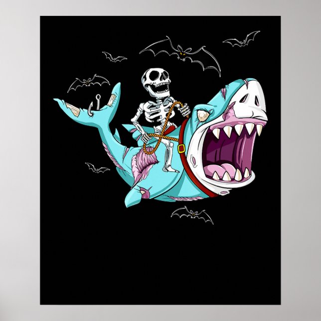 Affiche Skeleton Riding Zombie Shark Funny Halloween Gift (Devant)