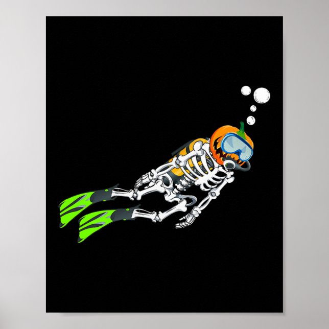 Affiche Skeleton Scuba Plongée Halloween Citrouille Plonge (Devant)