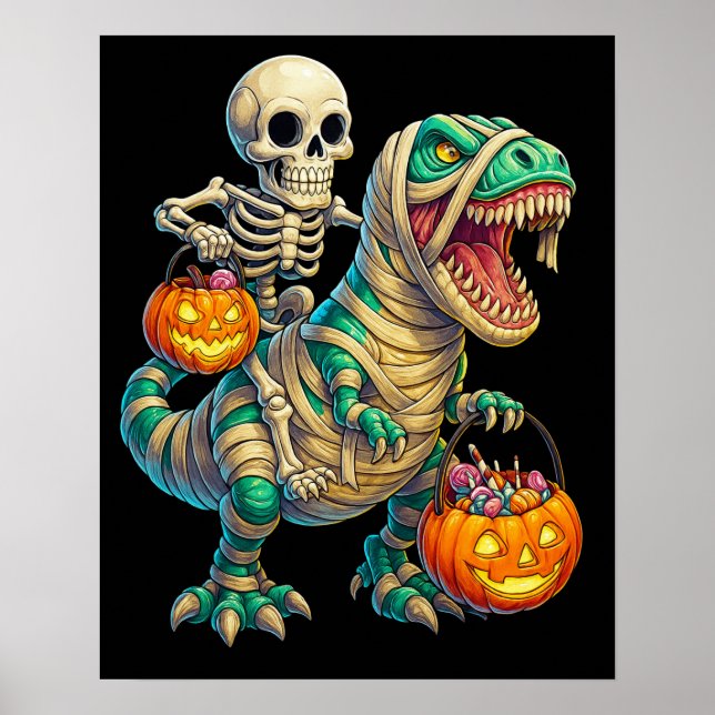 Affiche Skeleton Whimsical équitation maman T-Rex Hallowee (Devant)